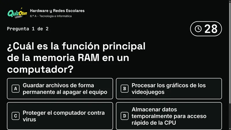 Pregunta del modo En vivo proyectada con cuatro opciones y el reloj.